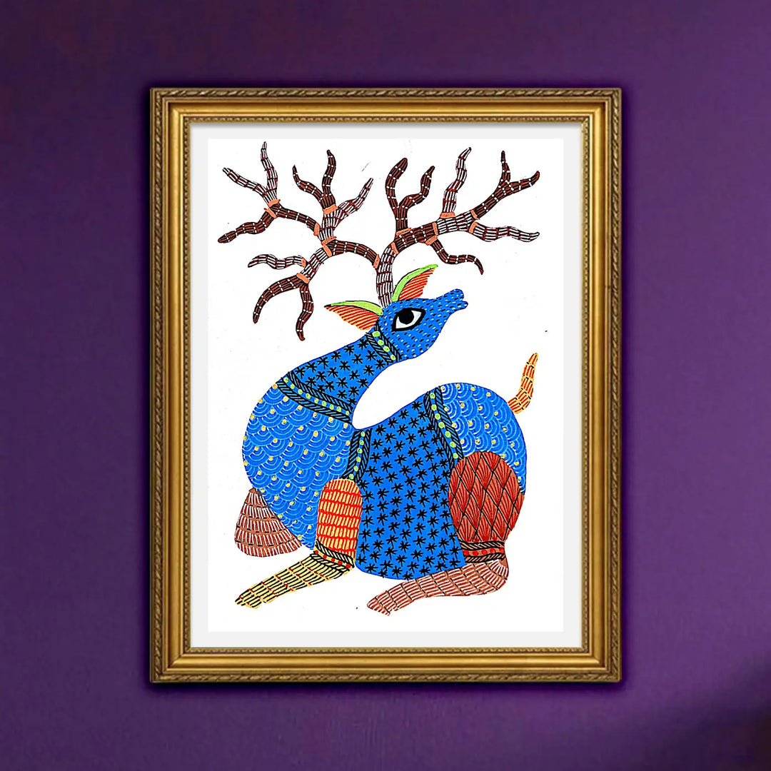 6 x 8 Inch | Blue Deer | Original Hand painted Tribal Gond Art Painting | Acrylic Paints On Paper