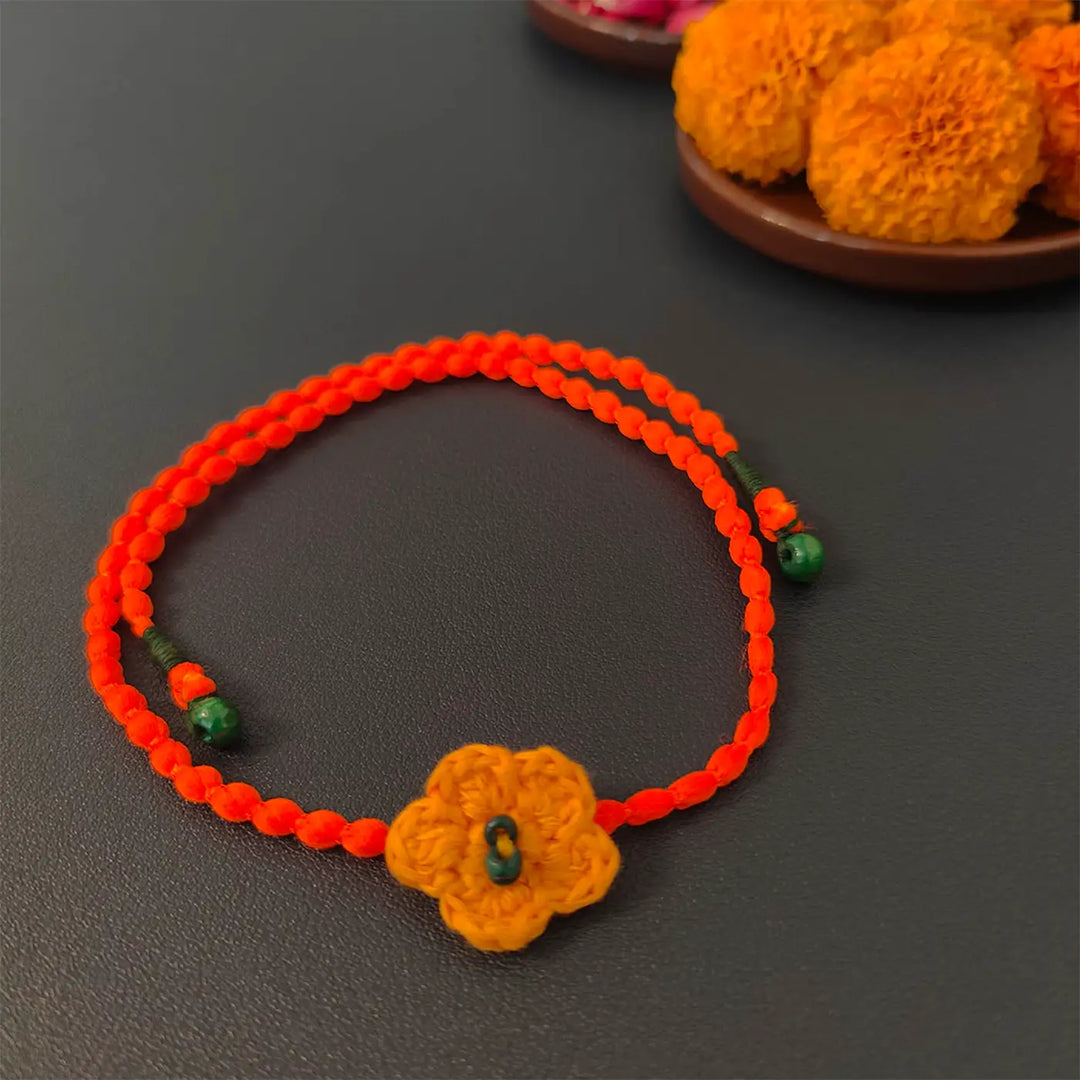 Handmade Crochet Flower Rakhi With Roli Chawal