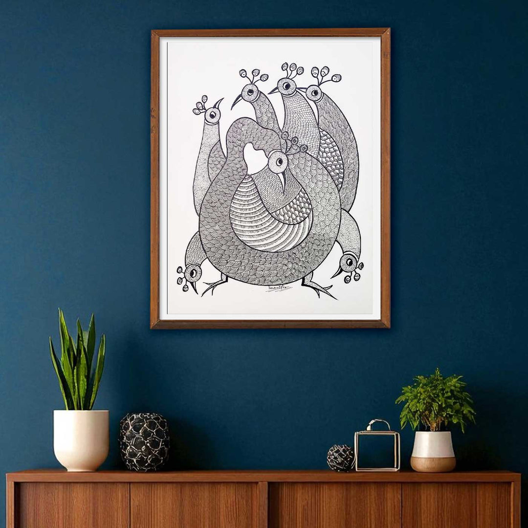 11 x 15 Inch | Peacock Family | Original Hand Painted Tribal Gond Art Painting | Acrylic Paints On Paper