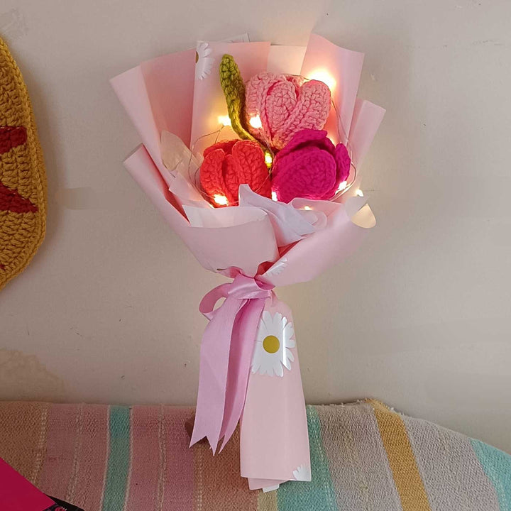 Handmade Crochet Sunset Sonata Theme Flower Bouquet With Lights