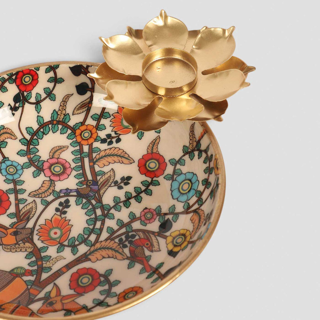 Handmade Meena Enamel Floral Urli With Flower Tealight Holder For Festive Decor
