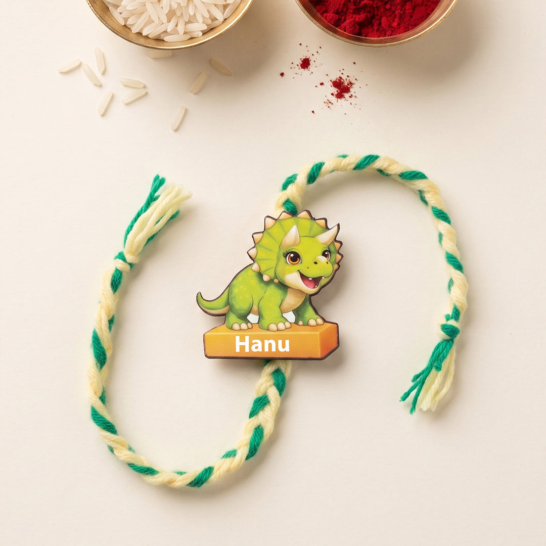 Personalized Reusable Triceratops Dino MDF Wood Rakhi With Roli Chawal