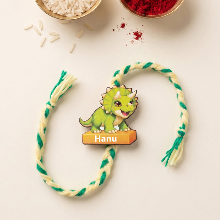Personalized Reusable Triceratops Dino MDF Wood Rakhi With Roli Chawal