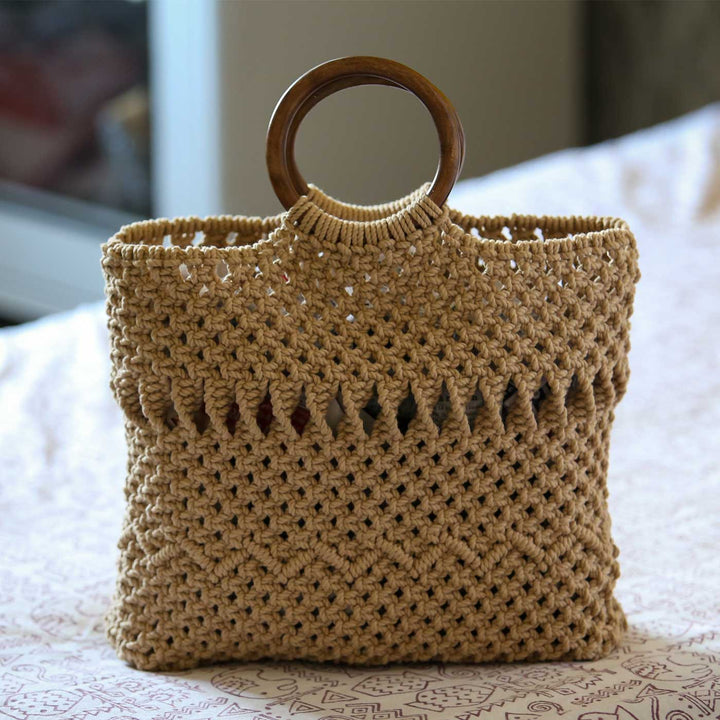 Handmade Macrame Tote Bag With Wooden Handle