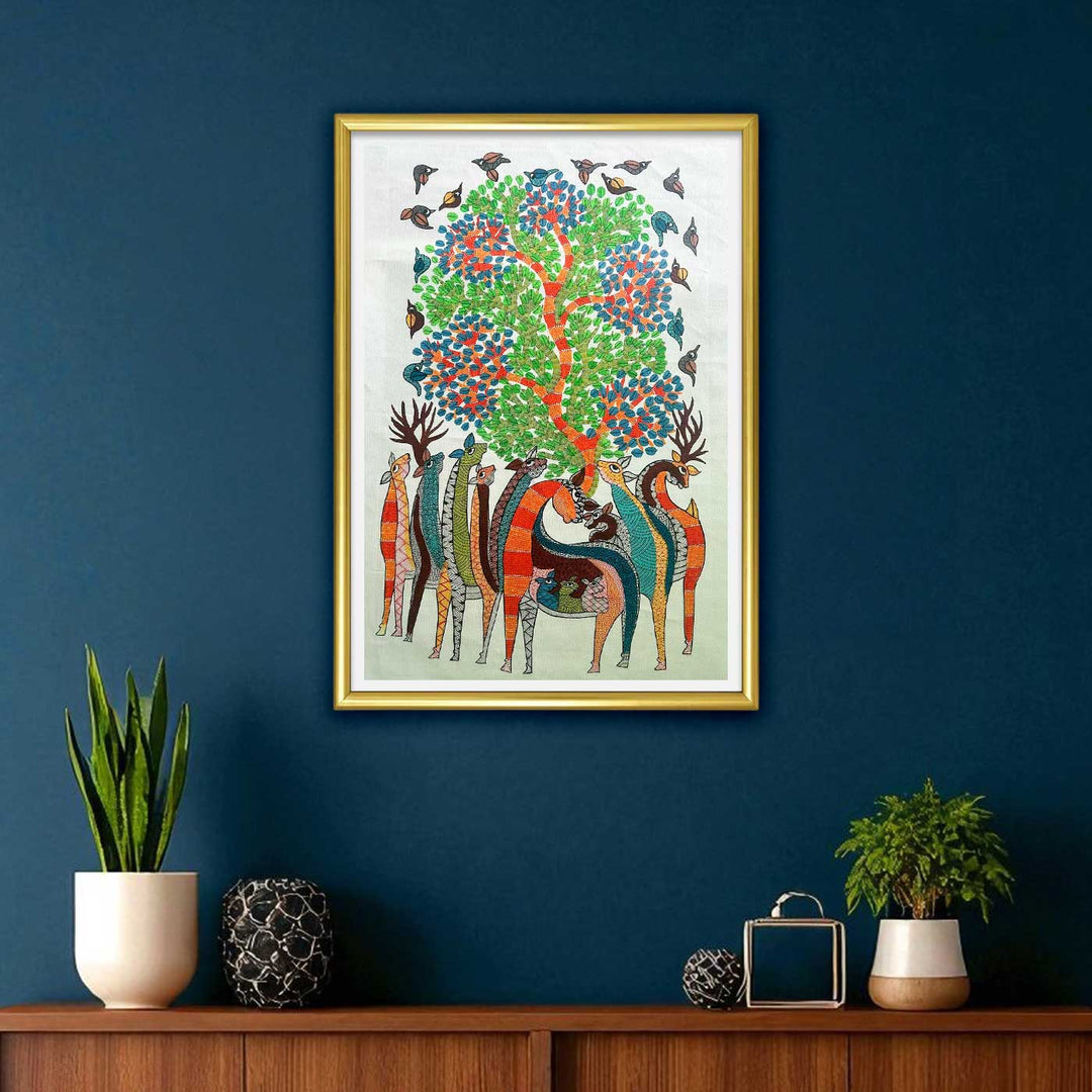 24 x 36 Inch | Giraffes & Tree | Original Hand Painted Tribal Gond Art Painting | Acrylic Paints On Paper