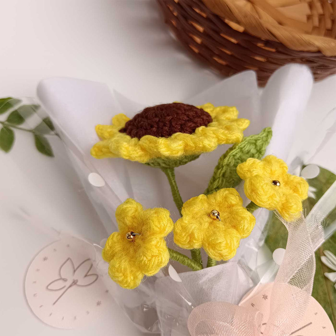 Handmade Crochet Sunflower Mini Flower Bouquet | Includes Photo & Greeting Card
