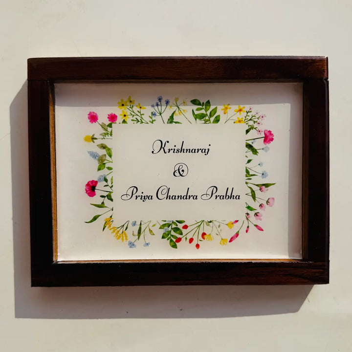 Personalized Floral Theme Minimalist Resin Name Plate With Teak Wood Frame