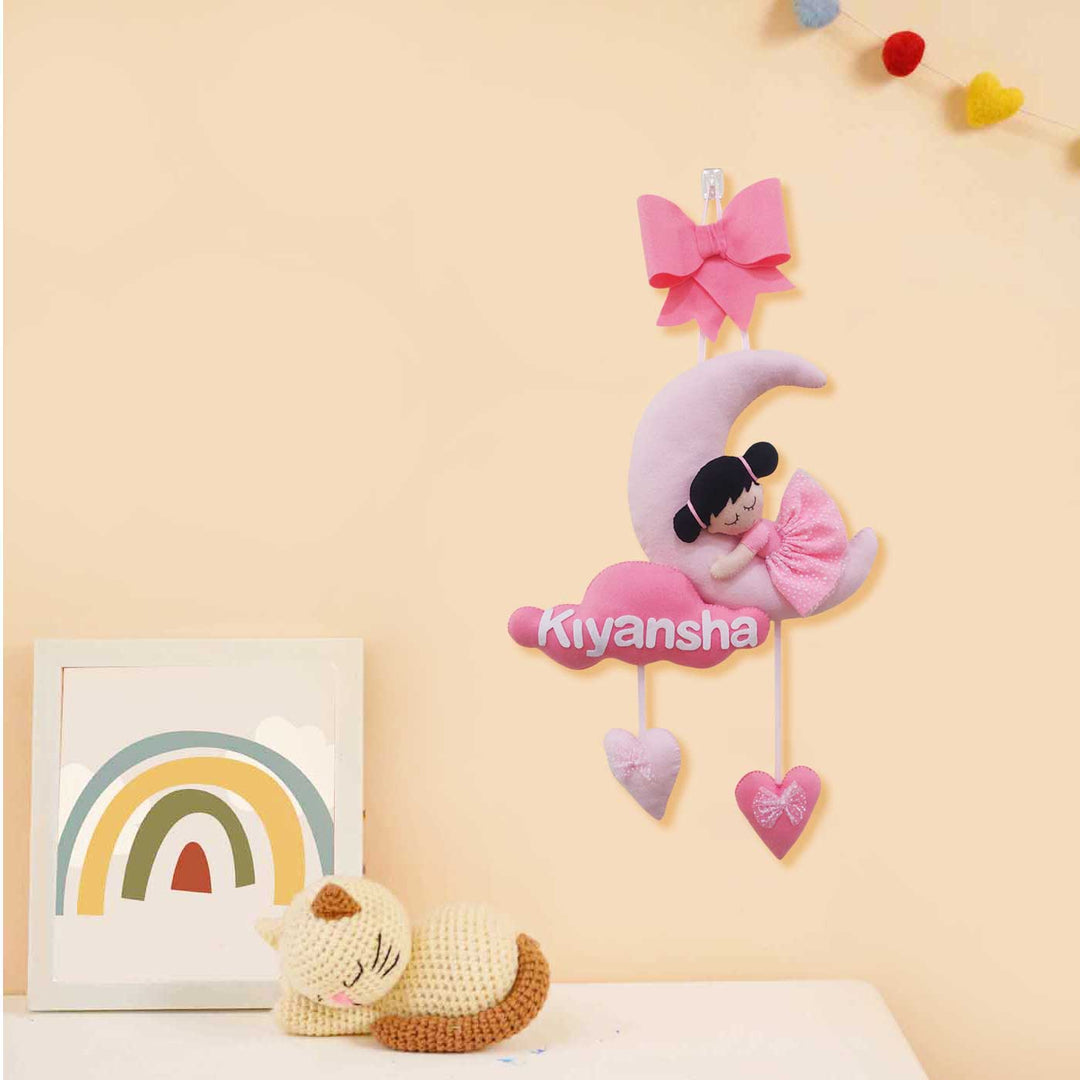 Personalized Handmade Girl On Moon Theme Felt Kids Name Plate