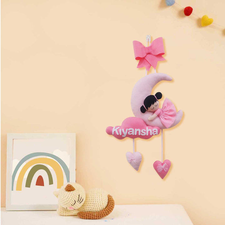 Personalized Handmade Girl On Moon Theme Felt Kids Name Plate