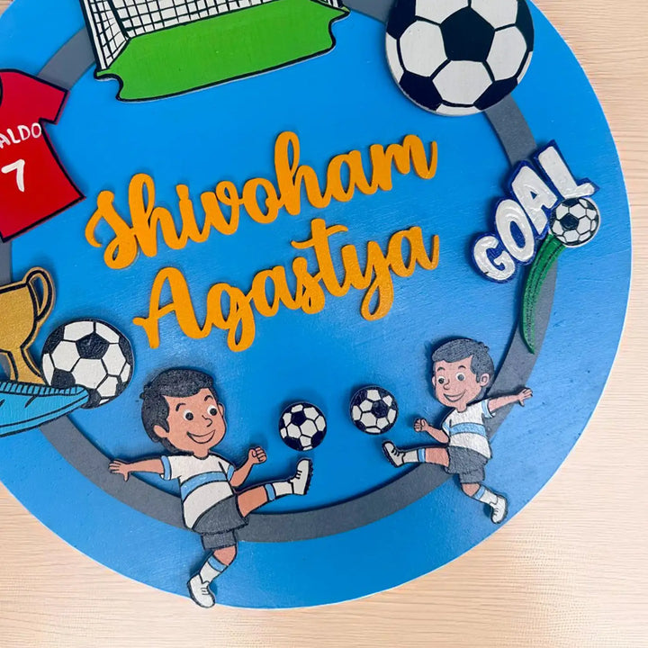 Personalized Football Theme MDF Wood Kids Name Plate For Siblings
