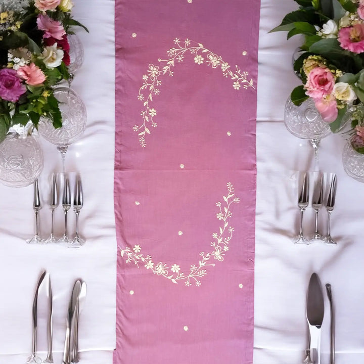Hand Embroidered Floral Chikankari Cotton Table Runner