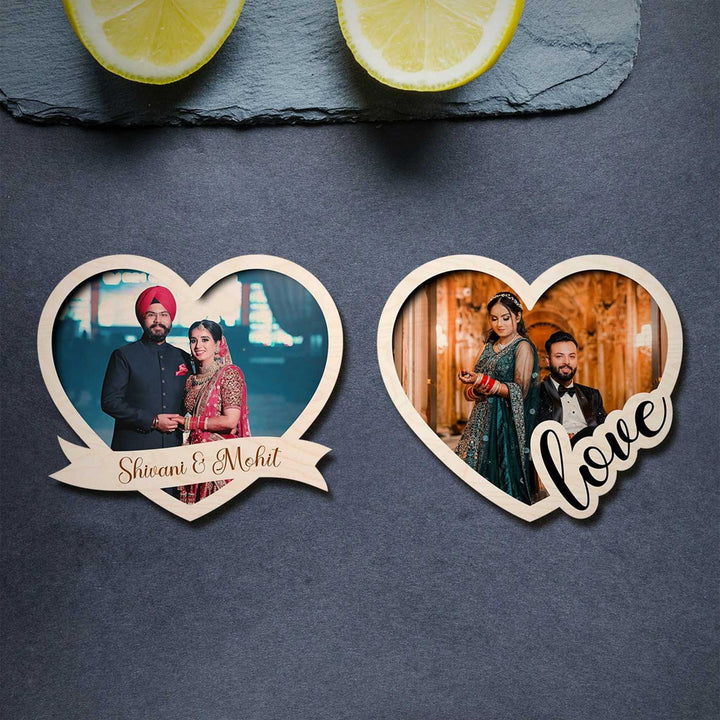 Photo Personalized Printed Heart Shaped Wooden Fridge Magnet | Set Of 2