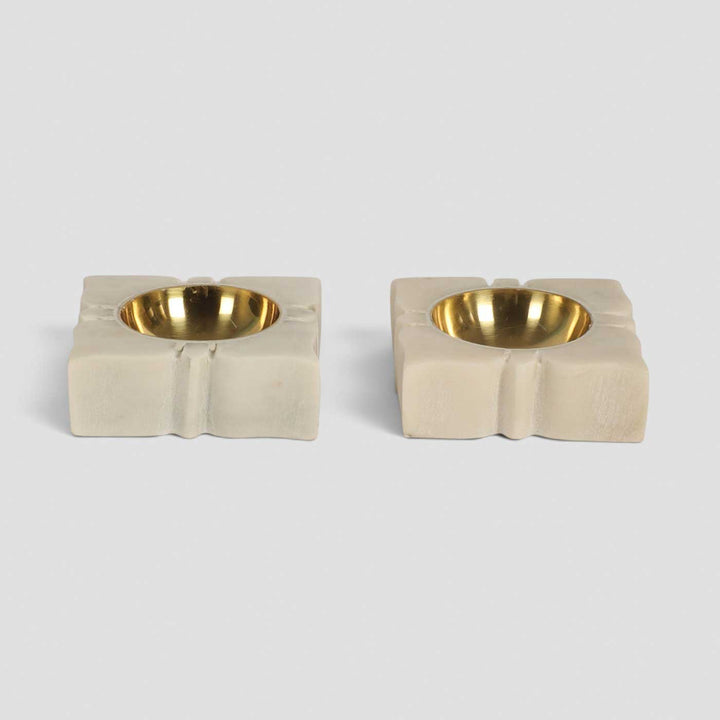 Set Of 2 | Handmade Square Marble & Brass Oil Lamp / Diya For Pooja Decor