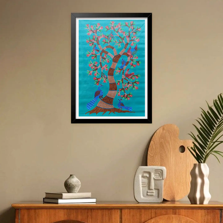 24 x 36 Inch | A Tree of Peacocks | Original Hand painted Tribal Gond Art Painting | Acrylic Paints On Canvas