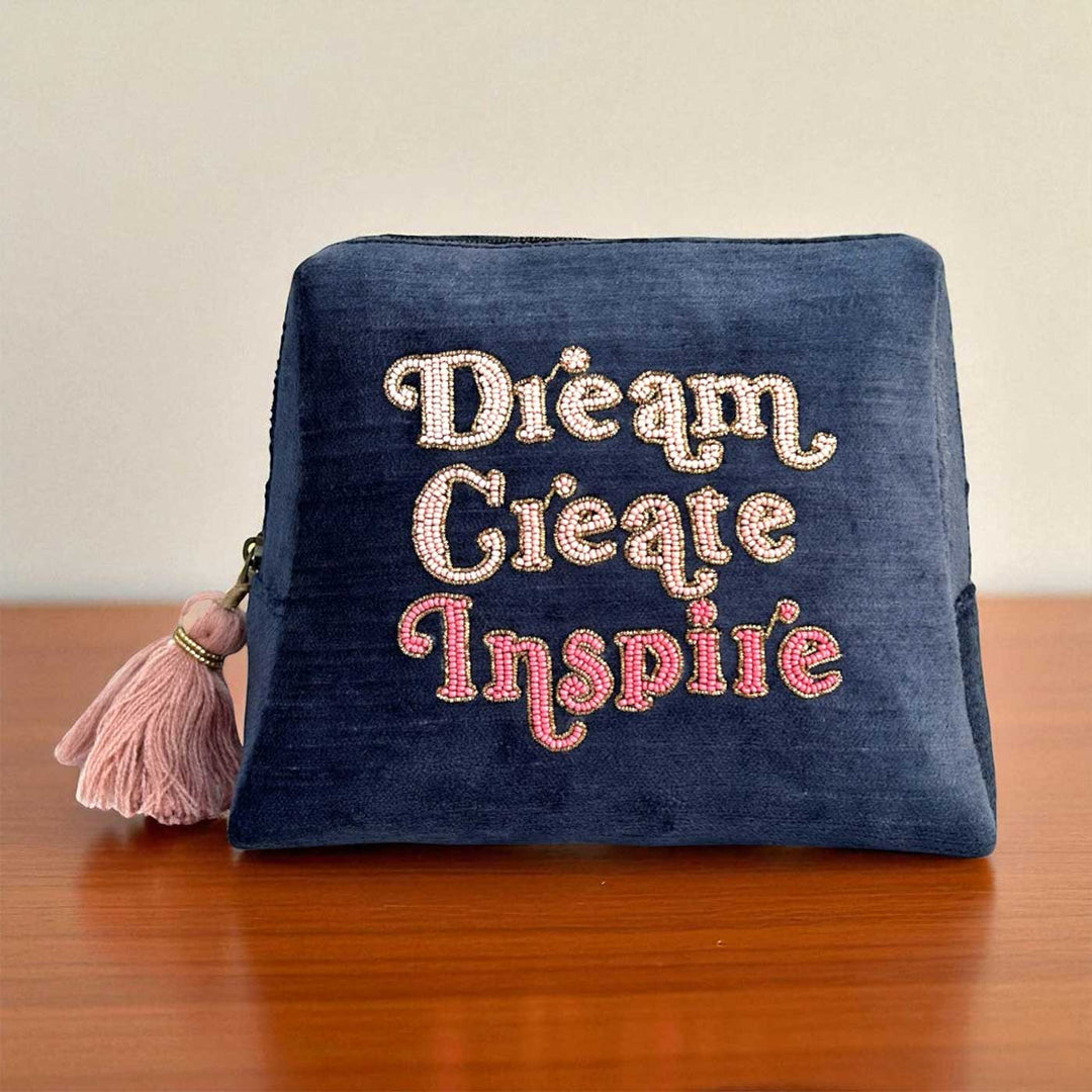 Handmade Embroidered Dream Create Inspire Velvet Pouch