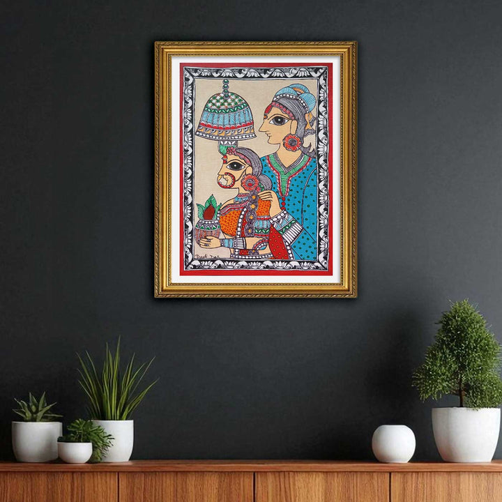 11 x 8 Inch | Dulha Dulhan | Original Hand Painted Madhubani Painting | Nib Acrylic On Paper