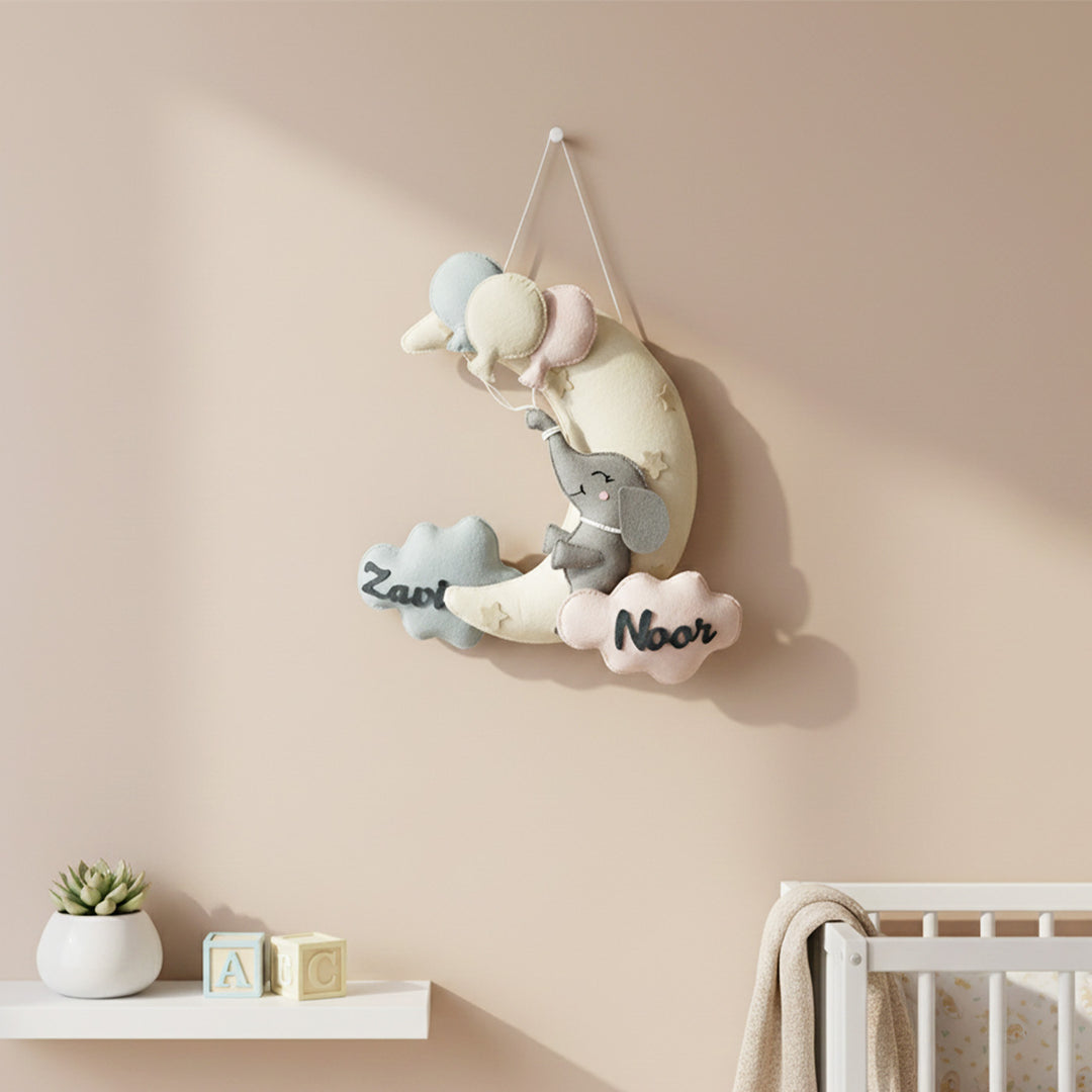 Personalized Elephant’S Balloon Bliss Theme Felt Kids Name Plate