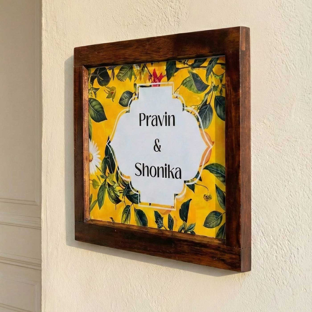 Personalized Yellow Garden Theme Resin Name Plate With Teak Wood Frame
