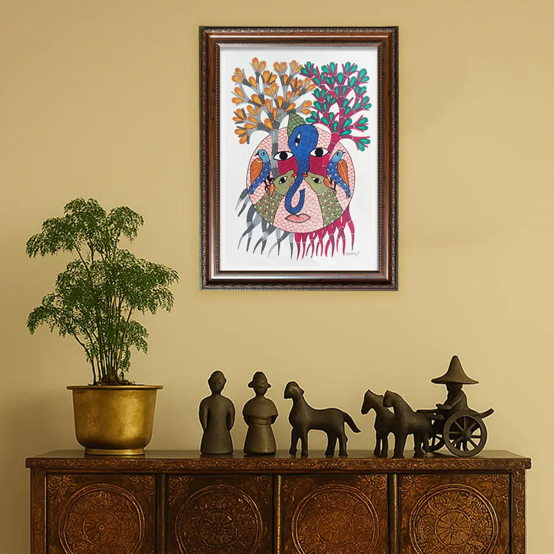 11 x 16 Inch | Trees, Birds & Human Face | Original Hand Painted Tribal Gond Art Painting | Acrylic Paint On Paper