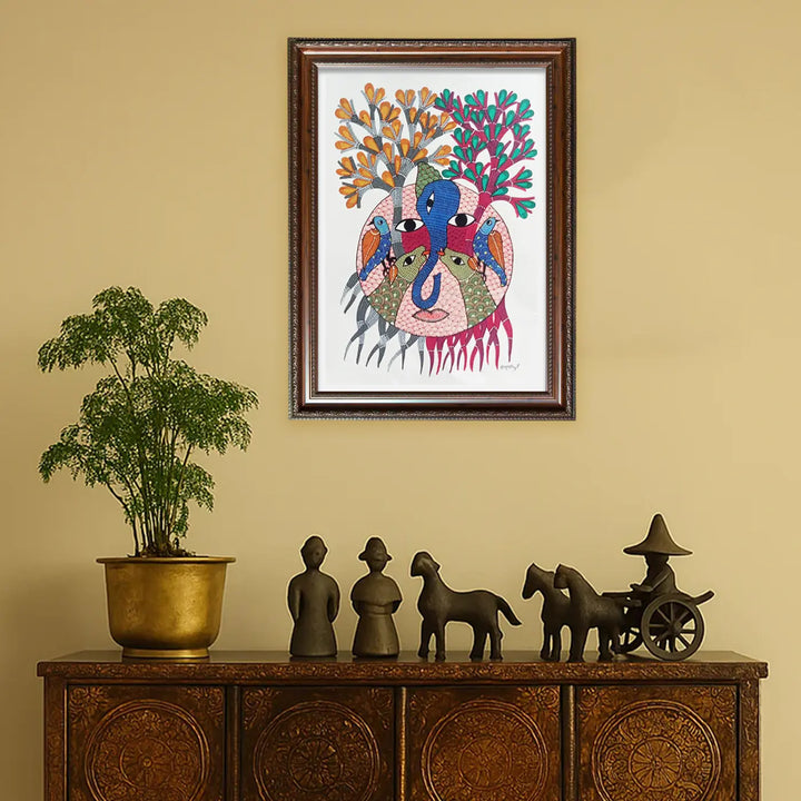 11 x 16 Inch | Trees, Birds & Human Face | Original Hand Painted Tribal Gond Art Painting | Acrylic Paint On Paper