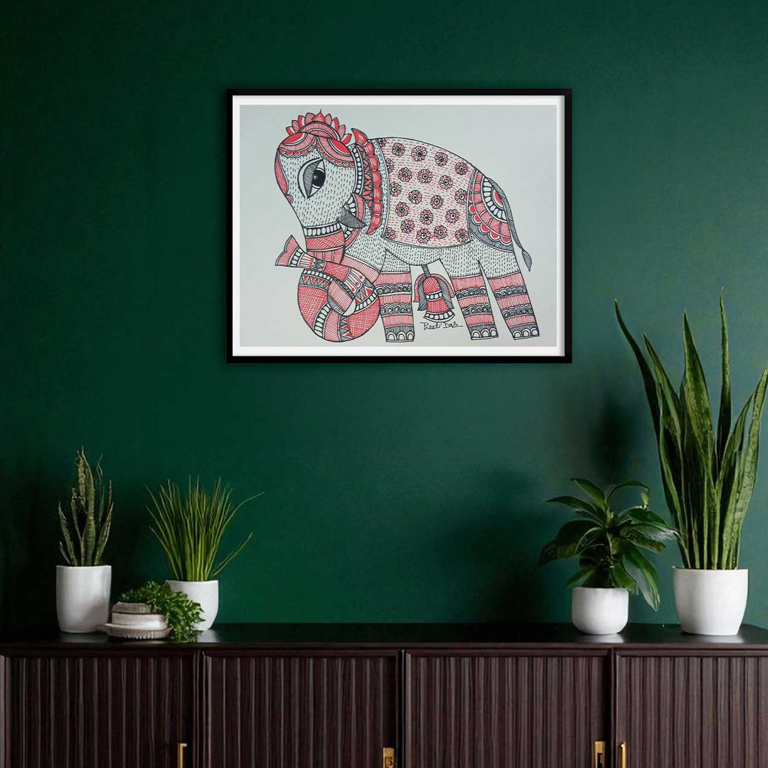 11 x 8 Inch | Red Elephant | Original Hand Painted Madhubani Painting | Acrylic Paints On Paper