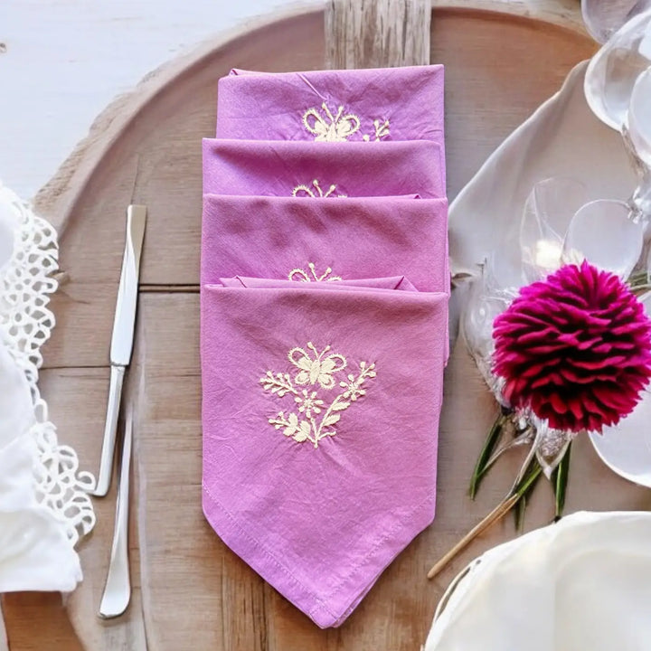 Hand Embroidered Butterfly Theme Chikankari Cotton Napkin | Set Of 4
