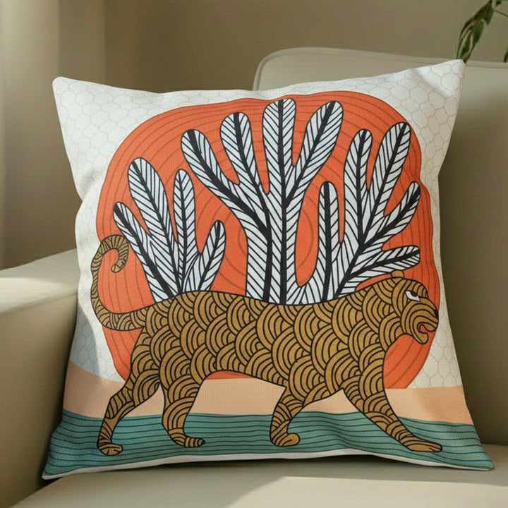 16 Inch | Printed Gond Jungle Delight Cushion Cover