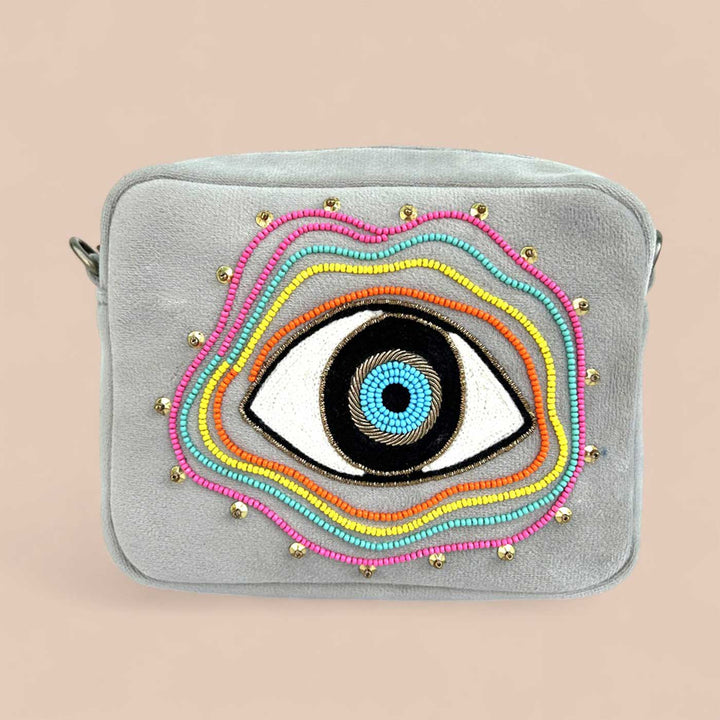 Handmade Embroidered Evil Eye Design Velvet Sling Bag