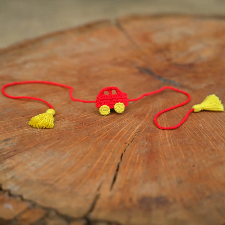Handmade Crochet Car Theme Kids Rakhi With Roli Chawal