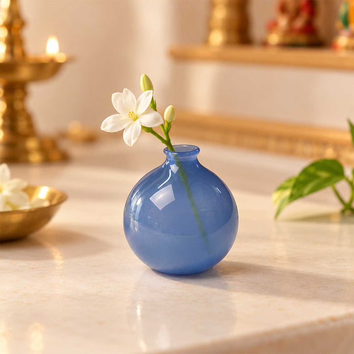Handmade Powder Blue Round Small Glass Art Vase For Home Decor