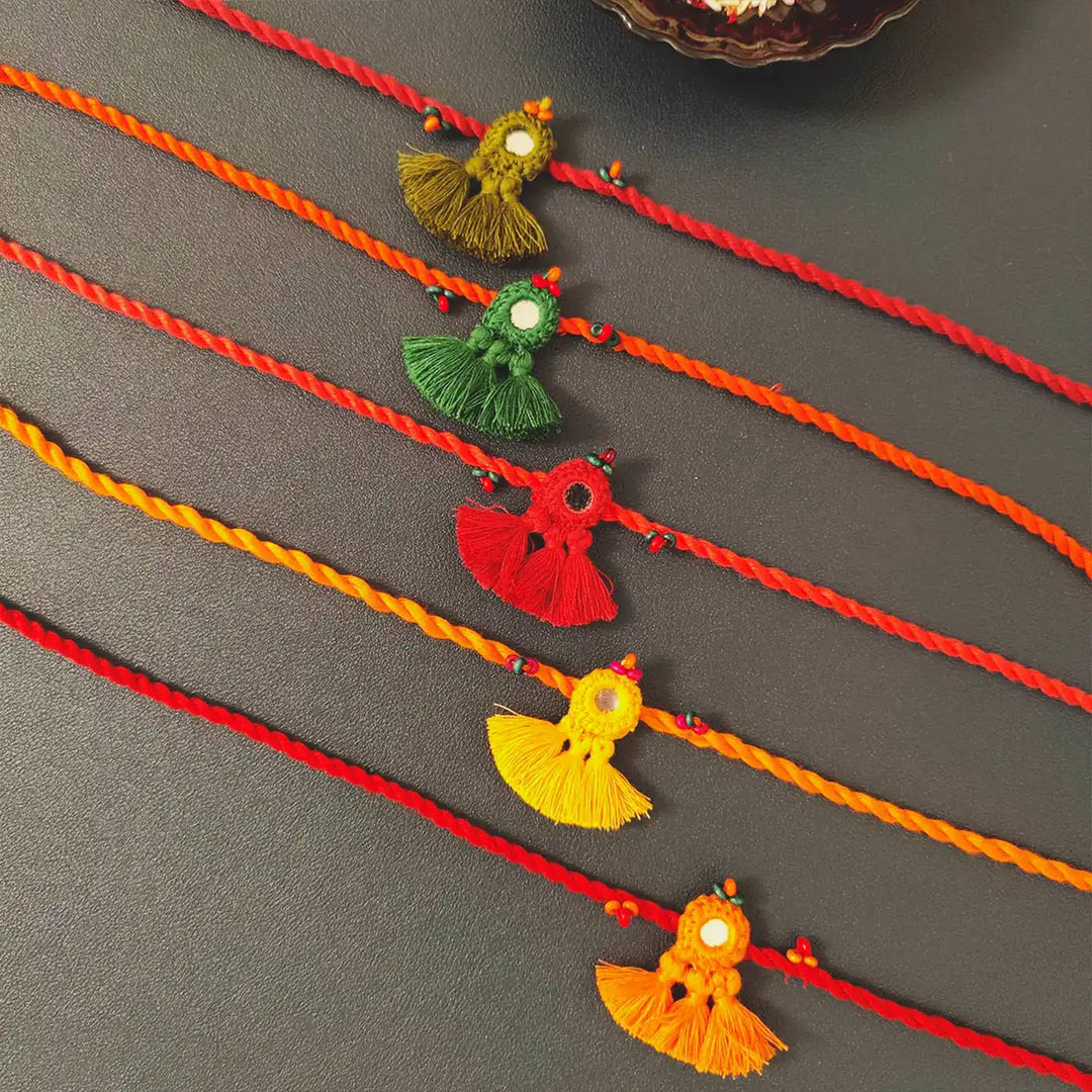 Handmade Mirror Work & Tassels Rakhi With Roli Chawal