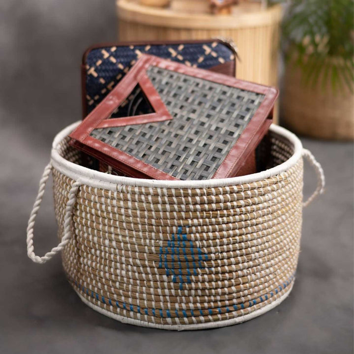 Handmade Ecofriendly Grass Woven Blue Diamond Design Moonj Storage Basket