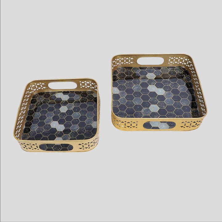 Handmade Black & Grey Blocks Meena Tray | Set Of 2