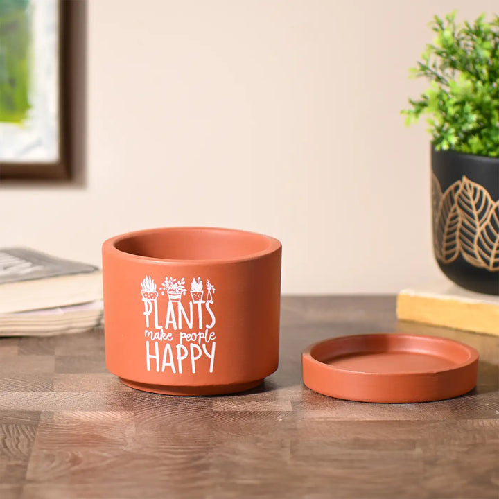 Handmade "Plants Make People Happy" Terracotta Planter With Tray