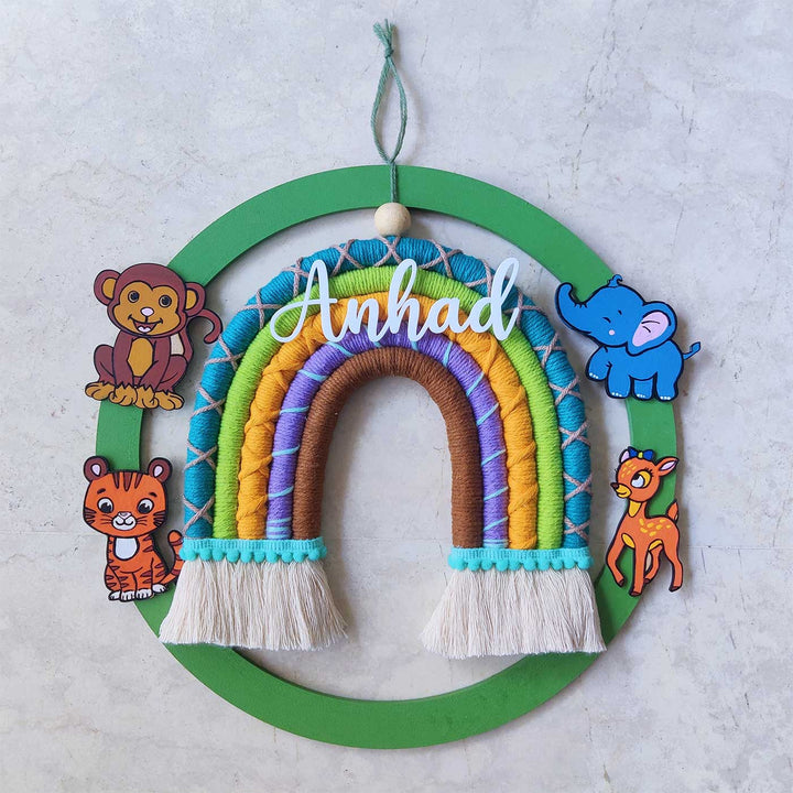 Personalized Handmade Macrame Jungle Ring And Rainbow Kids Name Plate With 3D Letters - Hanging with Personalized Name Close-up