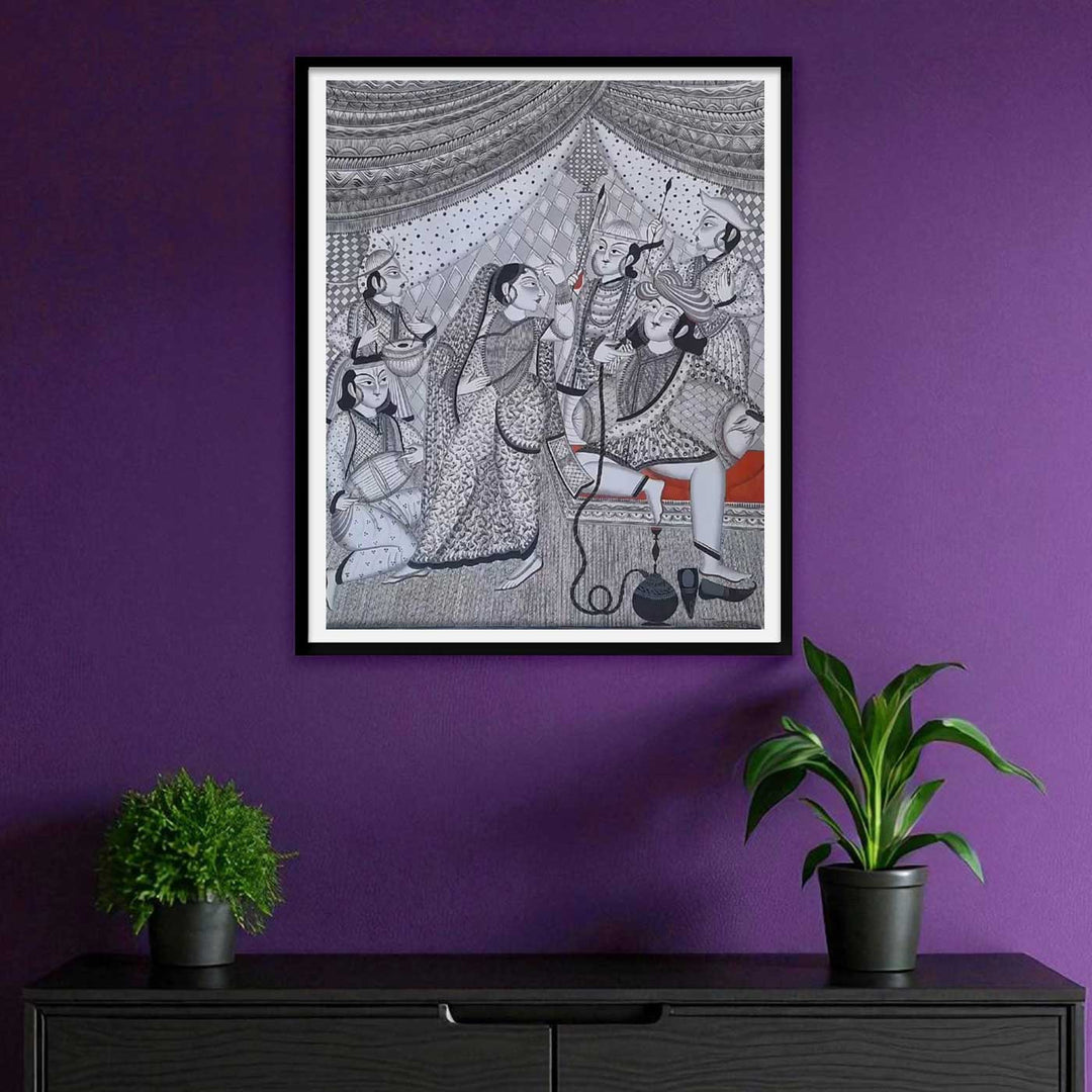 28 x 22 Inch | Royal Court Scene | Original Hand Painted Kalighat Painting | Natural Pigment On Paper