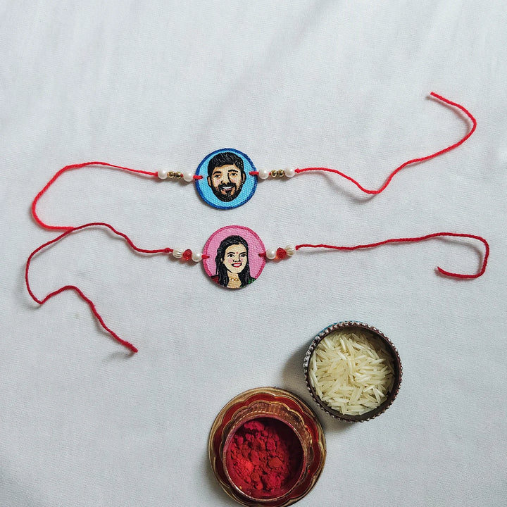 Photo Personalized Hand-Painted Caricature Bhaiya Bhabhi Rakhi | Set Of 2