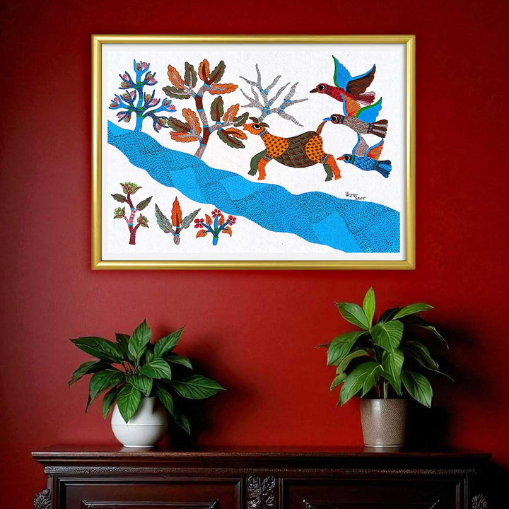 11 x 15 Inch | Playful Nature | Original Hand painted Tribal Gond Art Painting | Acrylic Paints On Paper