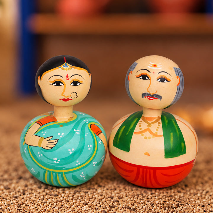 Set of 2 | Hand-Painted Teal & Red Bobble Head Couple Wooden Golu Dolls For Gifting & Decor