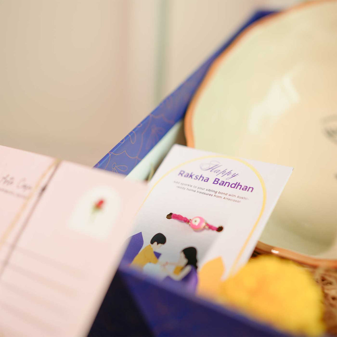 Personalized Handmade Food Lover Bhabhi Rakhi Hamper Includes 1 Gift Box 1 Mug 1 Bowl 1 Rakhis 1 Roli Chawal 1 Chocolate And 1 Message Card - Rakhi and Bowl Close-up
