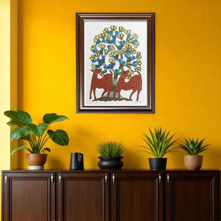 11 x 16 Inch | Two Deer Under Tree | Original Hand Painted Tribal Gond Art Painting | Acrylic Paint On Paper