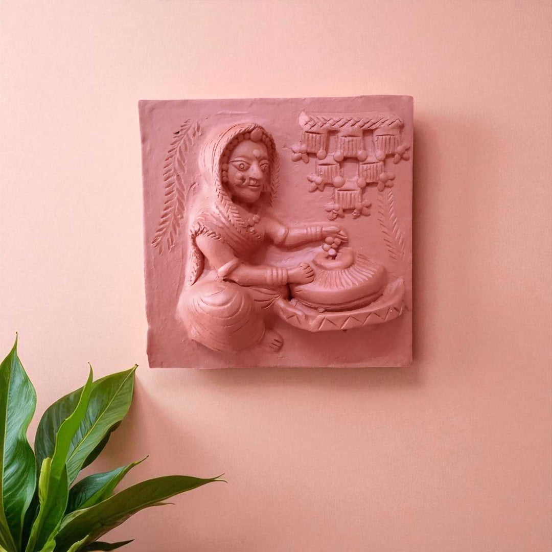 9 x 9 Inch | Lady With Stone Mill | 3D Handmade Terracotta Molela Mural Wall Art Tile