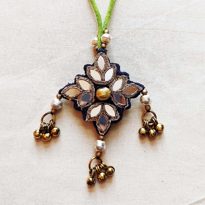 Handmade Mirror Work And Ghungroo Blue Bhaiya Bhabhi Rakhi With Roli Chawal Set Of 2 - Close-up Front Detail