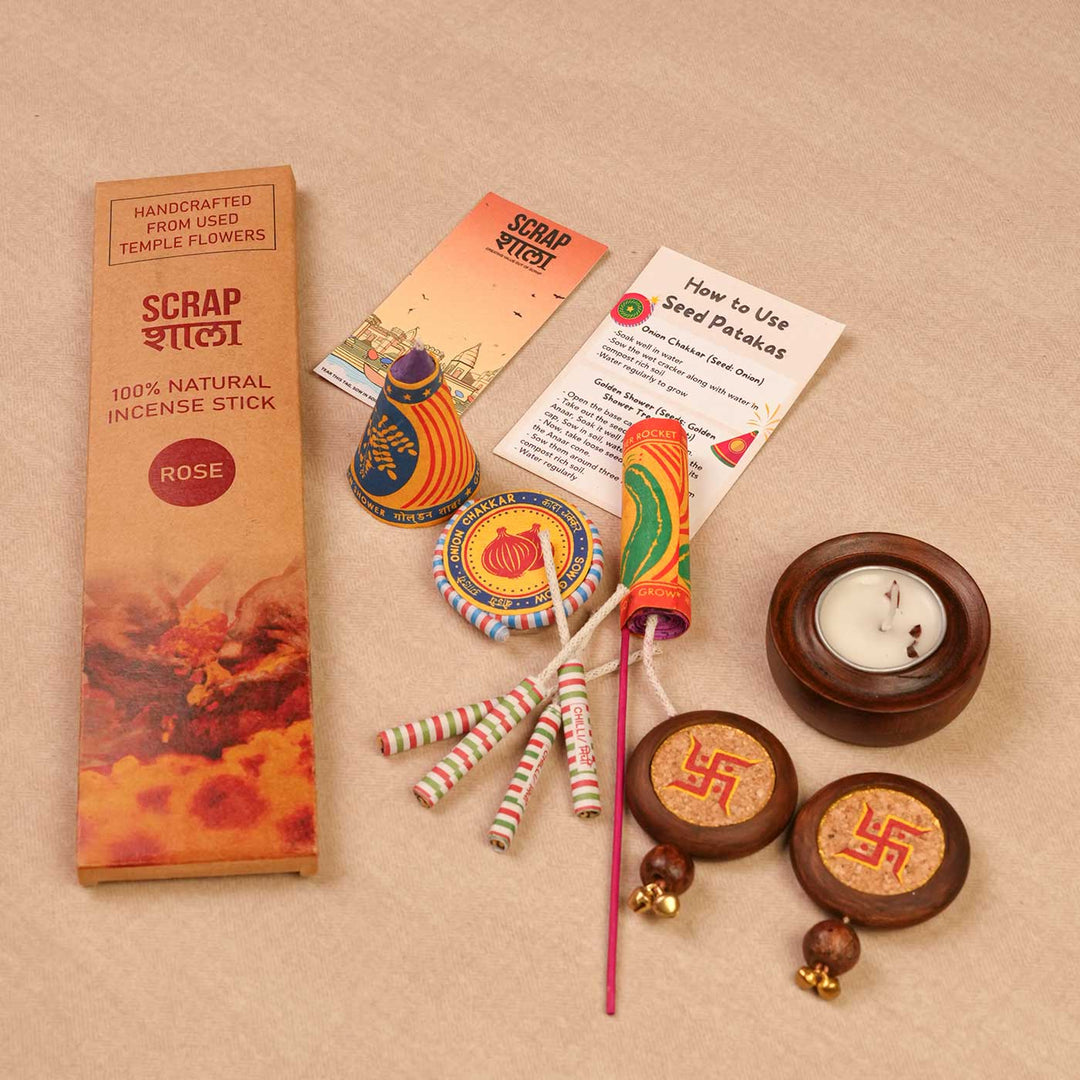 Handmade Prakash Gift Hamper | Includes Agarbatti Pack With Stand, Swastik Door Hanging, Wooden T-Light Holder, Plantable Crackers, Cracker Instruction Card, Seed Card And Outer Box