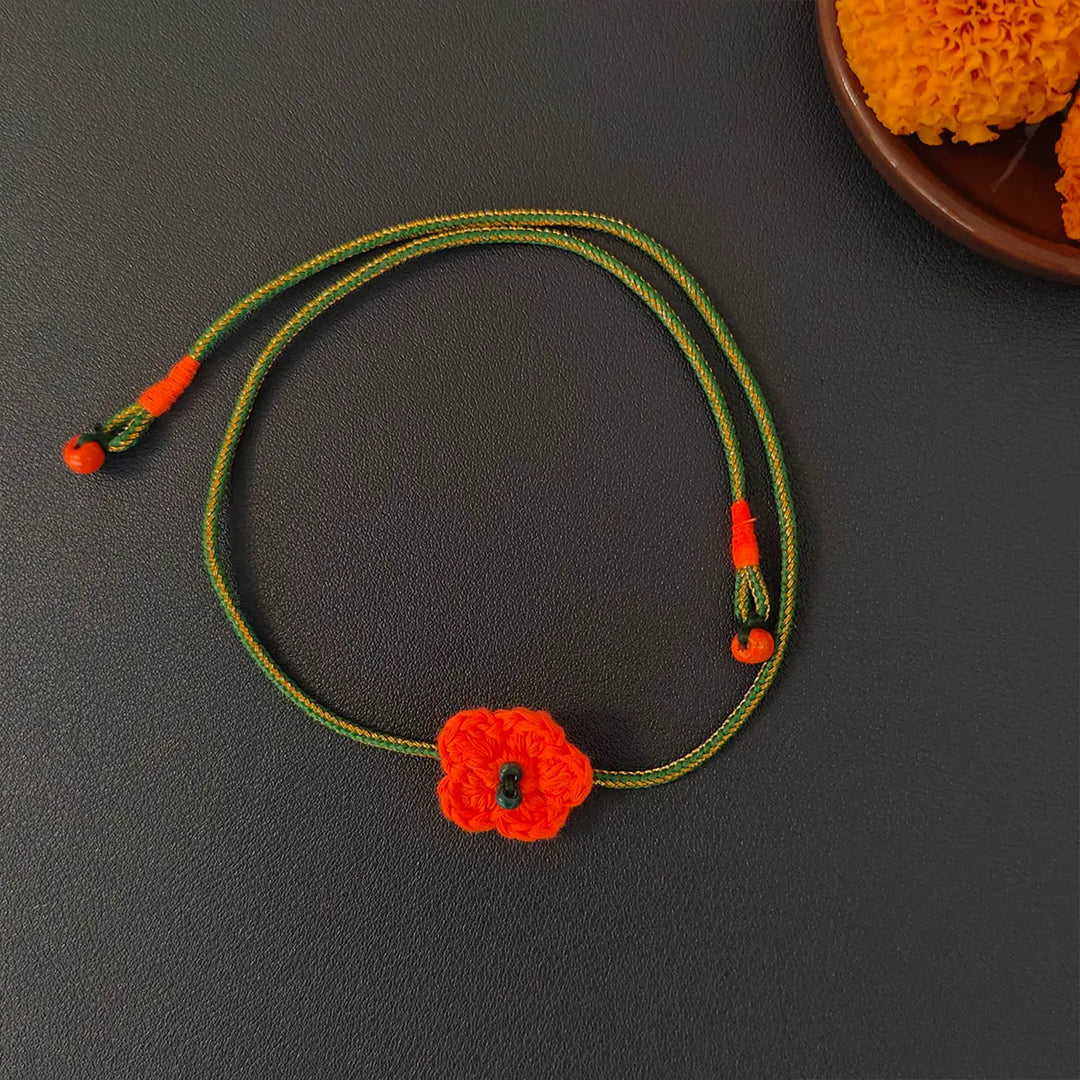 Handmade Crochet Flower Rakhi With Roli Chawal