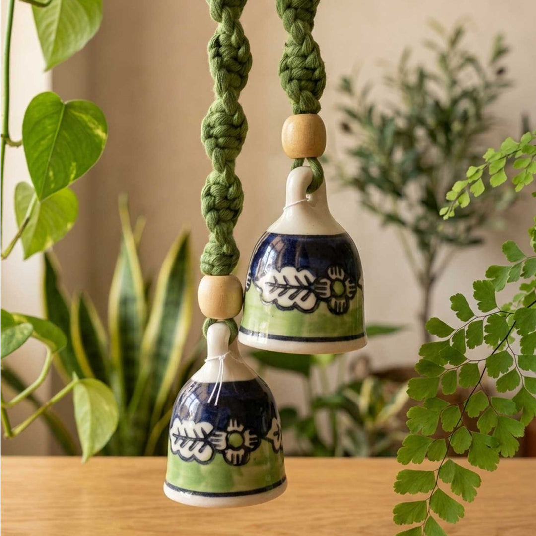 2 Pc | Macrame Handpainted Ceramic Bells Hanging With Wooden Rings & Beads