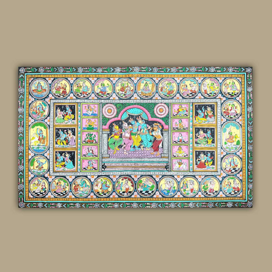 36 X 24 Inch | Handmade Canvas Krishna Rasleela With Dashavataar Painting