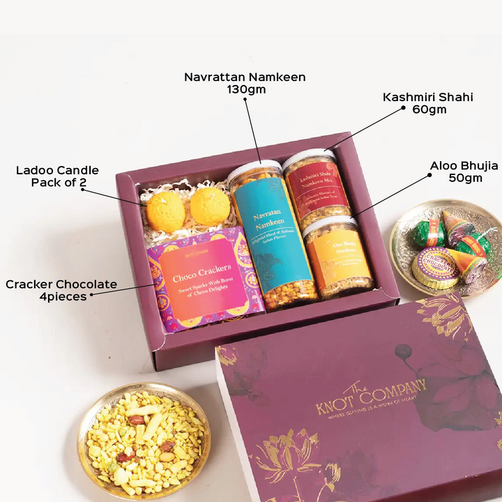 Diwali Corporate Gift Hamper | Includes 1 Navrattan Namkeen, 1 Kashmiri Shahi, 1 Aloo Bhujia, 4 Cracker Chocolates, 2 Ladoo Candles, 1 Gift Box