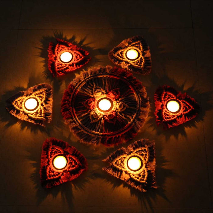 Handmade Macrame Rangoli Design Cotton Tealight Holder | Includes 1 Center Piece, 6 Small Pieces And 10 Tea Light Candles