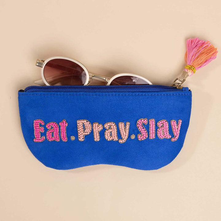 Handmade Embroidered Eat Pray Slay Design Suede Sunglass Cover